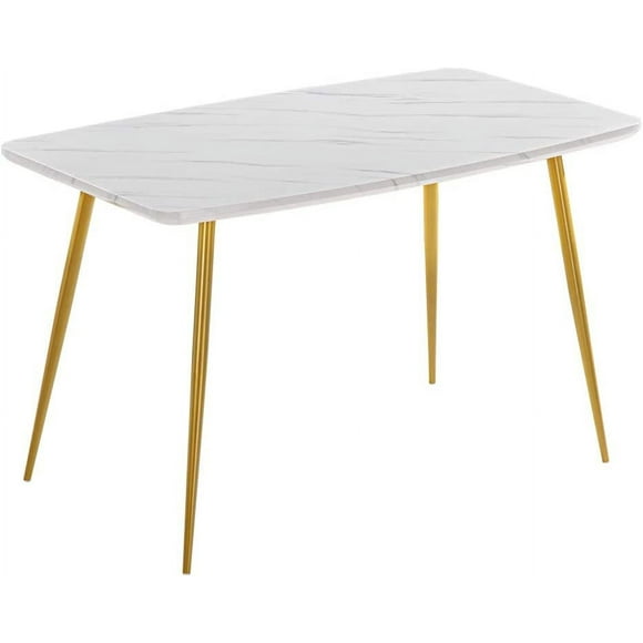 Marble Dining Table, Rectangle Dinner Table with 4 Metal Legs and Stone Table Top, Modern Table for Kitchen,Office,White, DCJZ-Tables0015