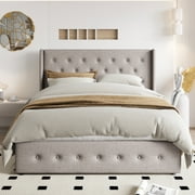 Einfach Queen Size Lift up Platform Storage Bed Frame with Fabric Upholstered Wingback Button Tufted Headboard, Beige