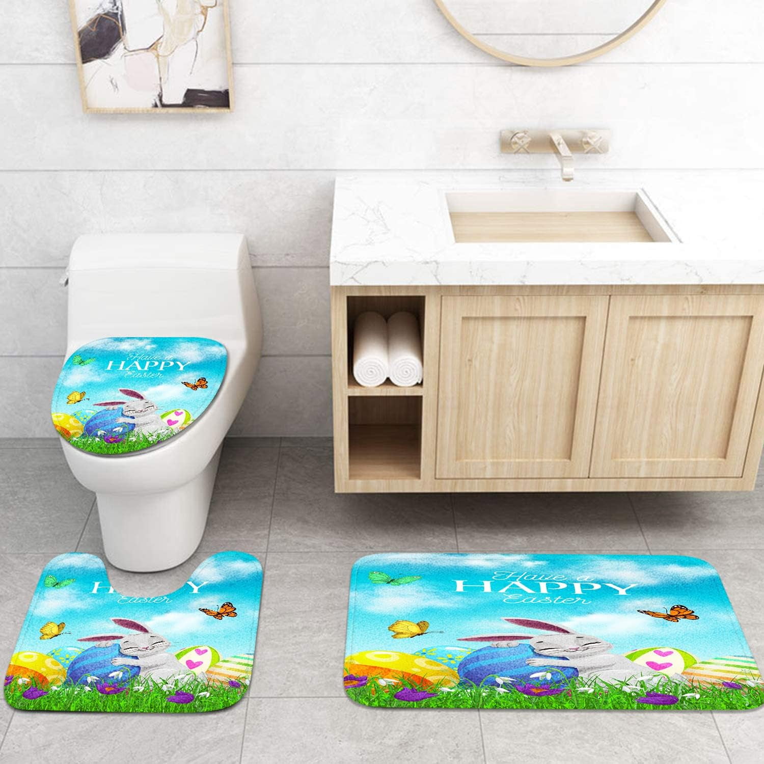 4 Pcs Shower Curtain Set Happy Easter Rabbit Bunny Pet Chocolate Cute with Non-Slip Rugs Toilet Lid Cover and Bath Mat Bathroom Decor Set 72 x 72 inch