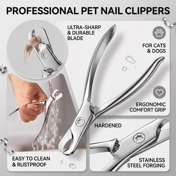 Rdausd Pet Nail Clipper, Everyday Classic Signature Controlled Trimming Design in Stainless Steel for Routine Cat and Dog Grooming, Easy-Care Pet Essential, 3.35 in, Silver