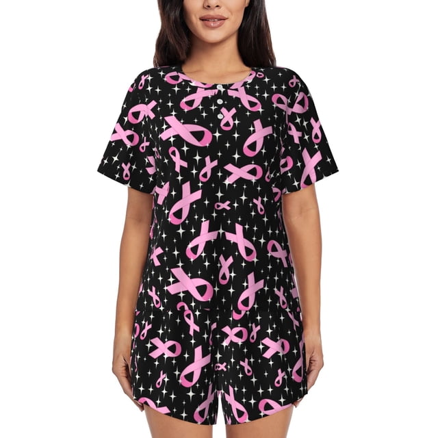 Xecao Breast Cancer Awareness (2) Pattern Women's Short Sleeve Pajama Set Soft Sleepwear Lounge Set with Button Front Top and Drawstring Shorts with Pockets-Large