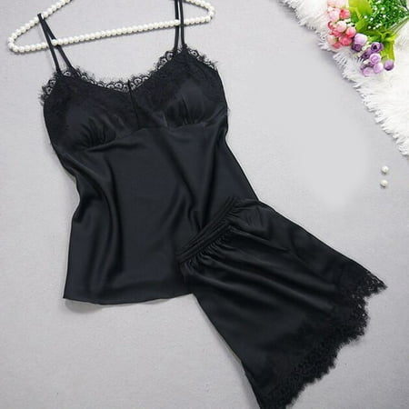 

JeashCHAT Sexy Lingerie for Women Sleepwear Sleeveless Strap Nightwear Lace Trim Satin Cami Top Pajama Sets