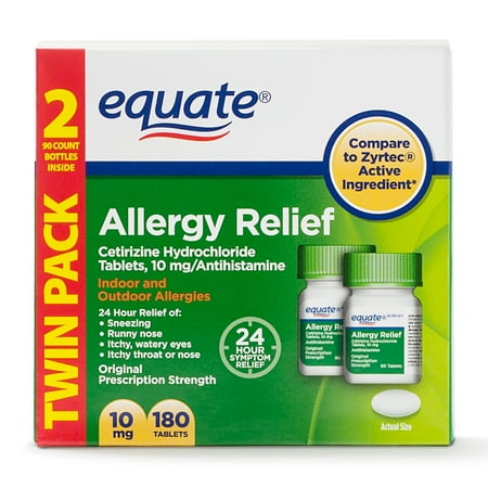 Equate Allergy Relief Cetirizine Tablets, 10 mg, 2 Pack (90