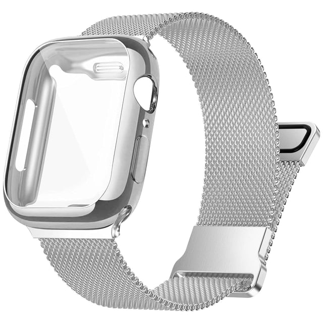 ALMNVO Compatible with Apple Watch Band 38mm Milanese Band with Screen Protector Case for Series 3,2,1,silver
