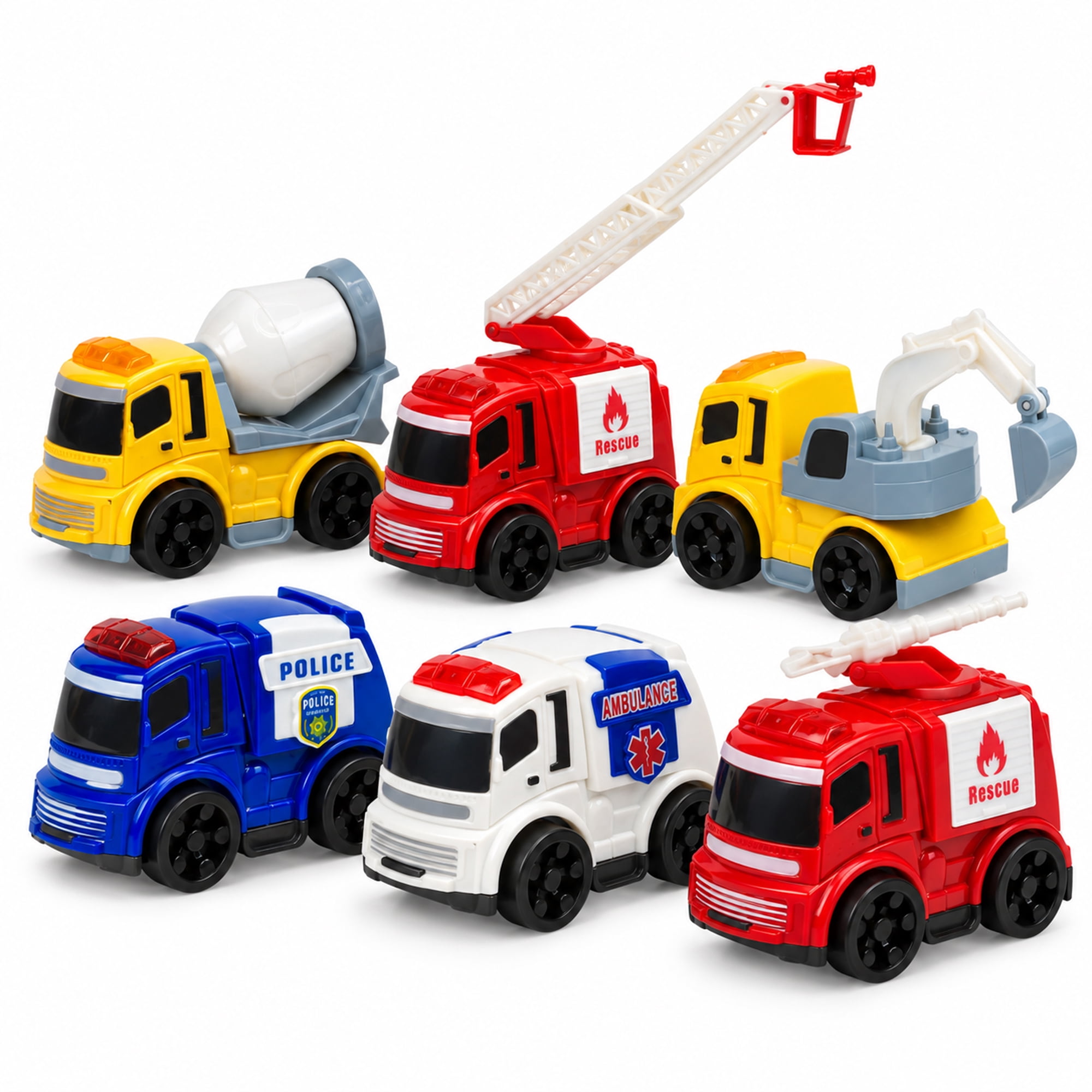 Blue Block Factory City Squad 6-Piece Push-and-Go Toy Vehicle Set Construction and Emergency Trucks Ages 3+