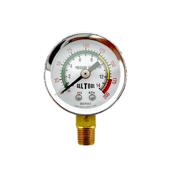 1-1/2" Air Pressure Gauge Lower Side Mount 1/8" NPT 1-1/2" Dial - 0 to 200 PSI (Color Coded)