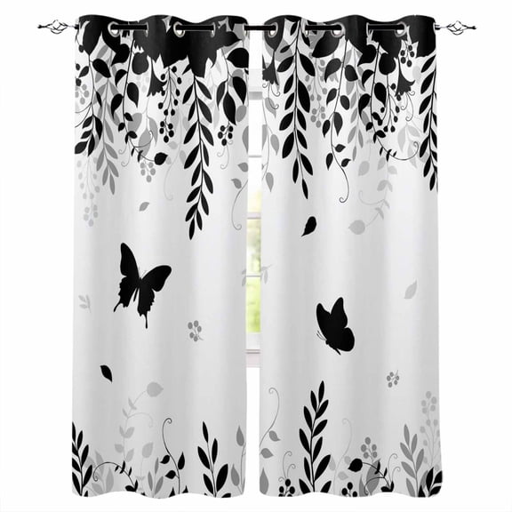 Black Spring Botanical Black Out Curtains 63 Inch Long, Room Darkening Draperies Curtains Panels, Weeping Eucalyptus Butterfly Thermal Insulated Curtain for Bedroom Living Room 52"x63" 2 Panels