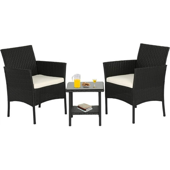 CL.HPAHKL 3 Piece Patio Furniture Set, Wicker Patio Bistro Conversation Set, 2 Chairs & Coffee Table for Garden, Balcony, Backyard, Poolside, Black