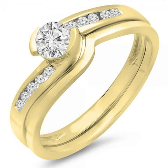 0.50 Carat (ctw) 10K Yellow Gold Round Diamond Ladies Bridal Engagement Ring Set Matching Band 1/2 CT