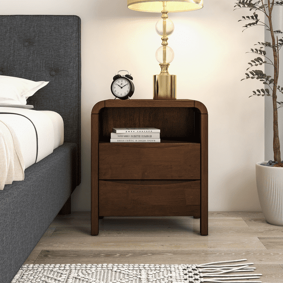 Miekor Furniture Lionel Mid Century Modern Solid Wood Nightstand 2-Drawer 17328