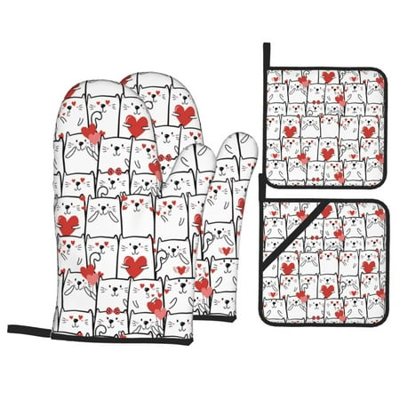 

Oven Mitts and Pot Holders 4 pcs Set Artistic Line Cute Cat Heart Heat Resistant Pot Holders Oven Mitts for kitchen Non-Slip Hanging Loop Oven Glove Potholders for Cooking Baking