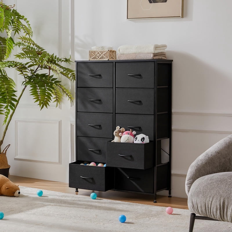 Kelno 10 Drawer Fabric Dresser Storage Tower Chest Organizer with Wood Top Steel Frame, Black