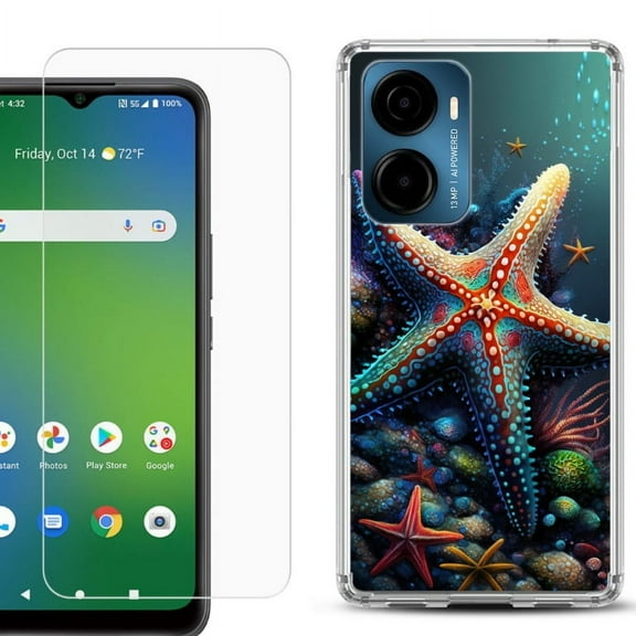For Cricket Magic 2 5G Phone Case Cover, Shockproof Bumper Hybrid Case with Tempered Glass Screen Protector, by OneToughShield - Starfish