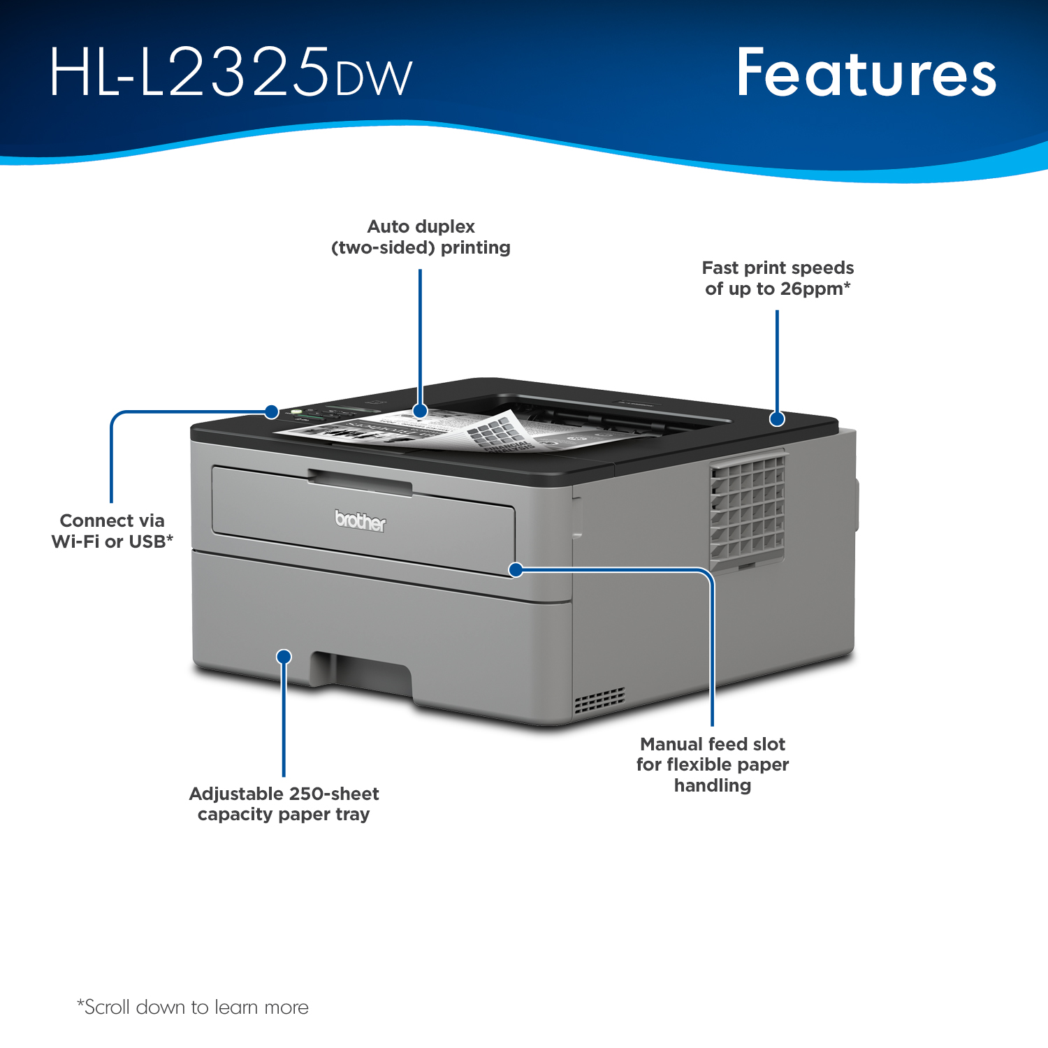 Brother HL-L2325DW Monochrome Laser Printer, Wireless Networking, Duplex Printing - image 2 of 8