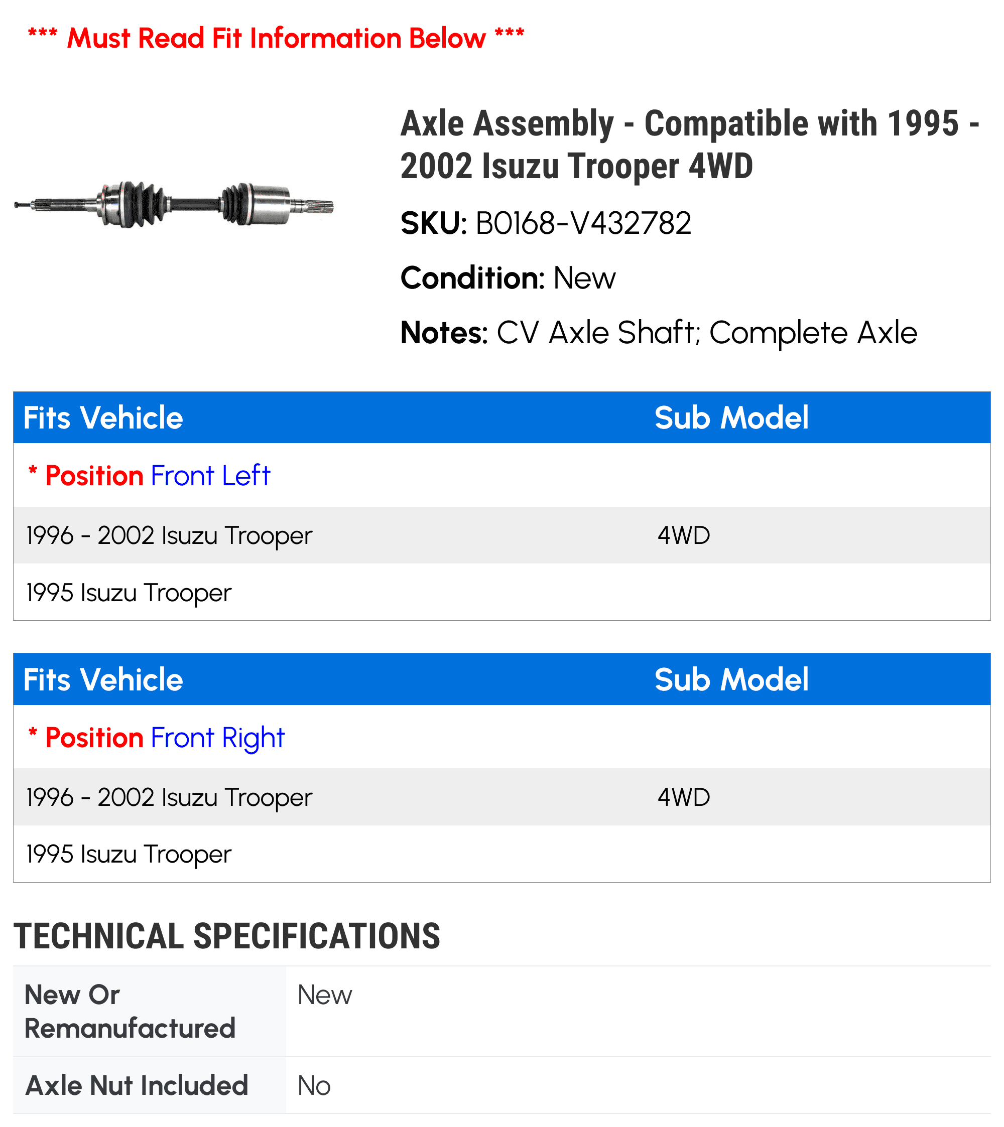 Axle Assembly - Compatible with 1995 - 2002 Isuzu Trooper 4WD 1996 1997 1998 1999 2000 2001