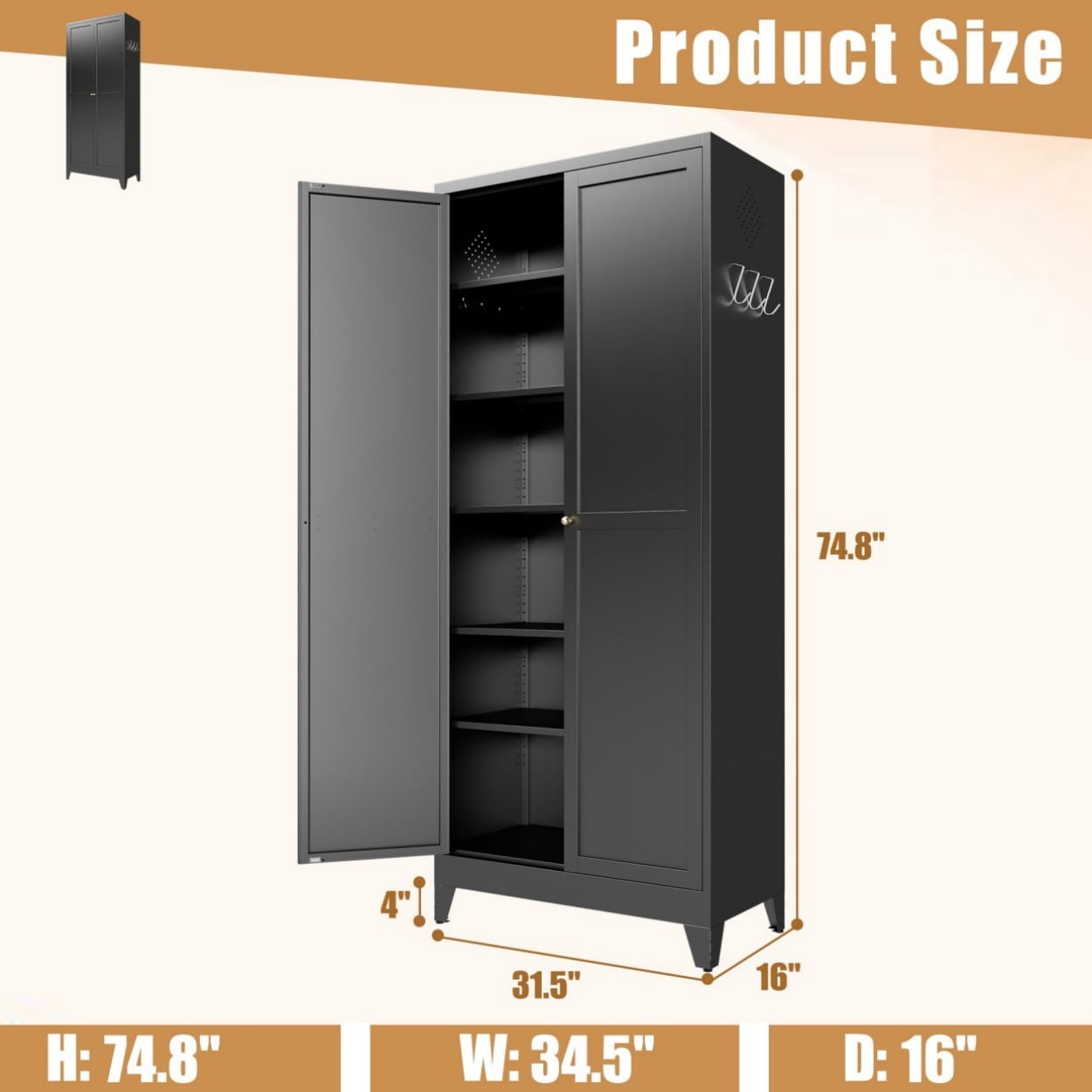 75" Metal Kitchen Pantry Cabinet with Doors, Heavy Duty Freestanding Storage Organizer, 5 Adjustable Shelves, 180 LBS Capacity Steel Cabinet for Kitchen Dining Room Pantry, Black