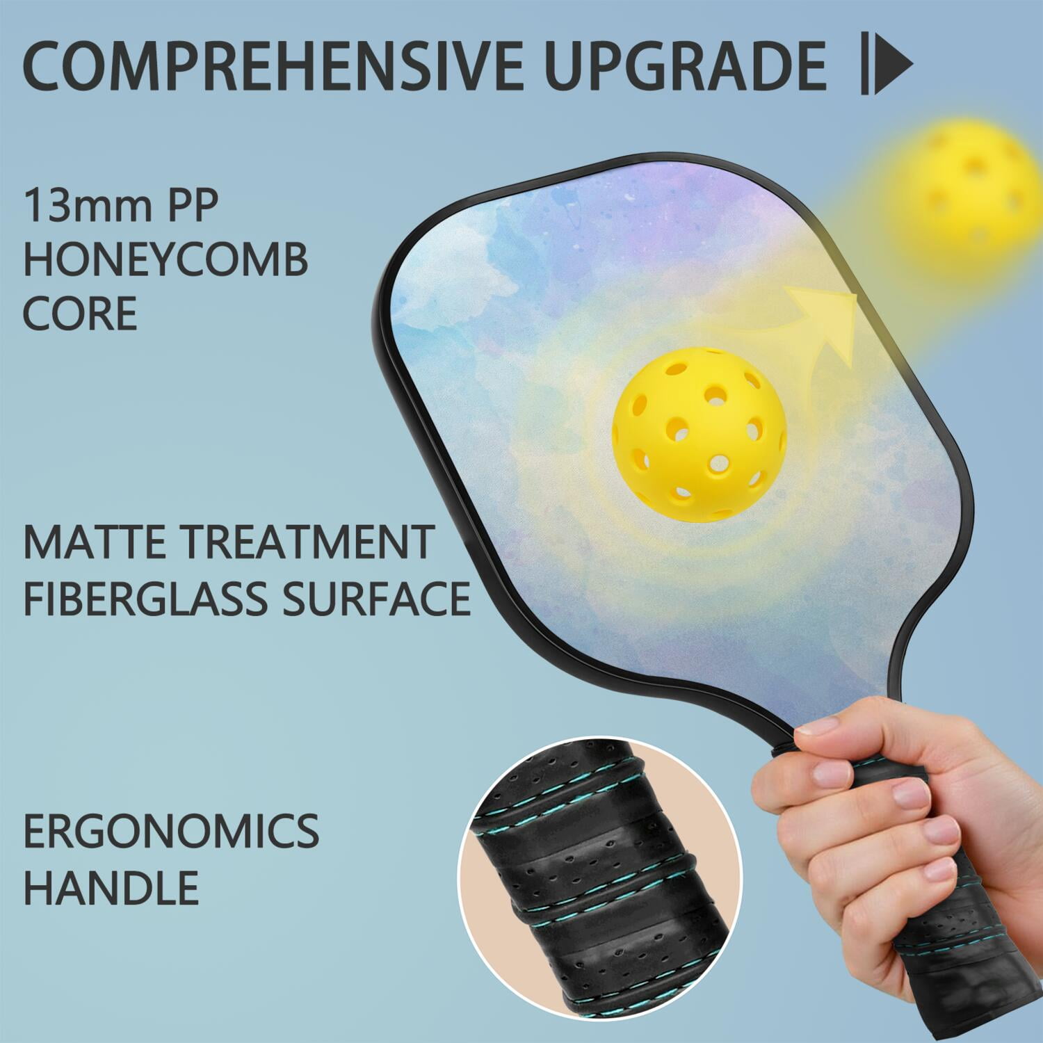 Pickleball Paddles Set Of 2, Fiberglass Surface, Fluid Smoke Aurora Art Style, 4 Balls & Bag