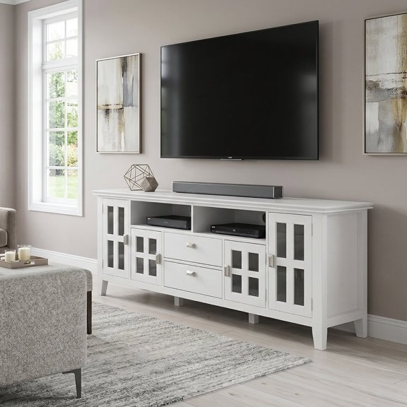 Simpli Home Artisan 72 inch Wide Solid Wood TV Stand in White For TVs up to 80 inches