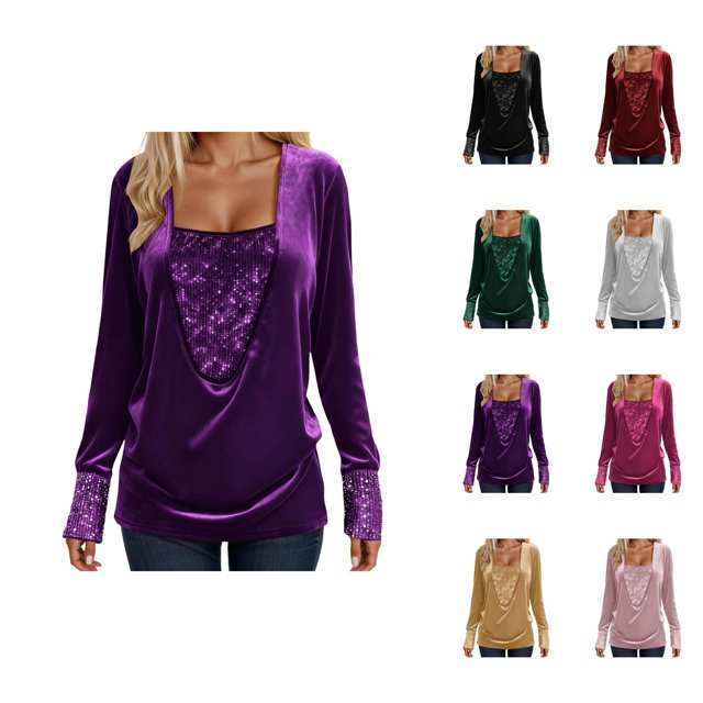 Womens Sparkle Top 2026 Spring Fashion Y2K Long Sleeve V Neck Loose Velvet Sequin Patchwork T Shirts Rave Outfits