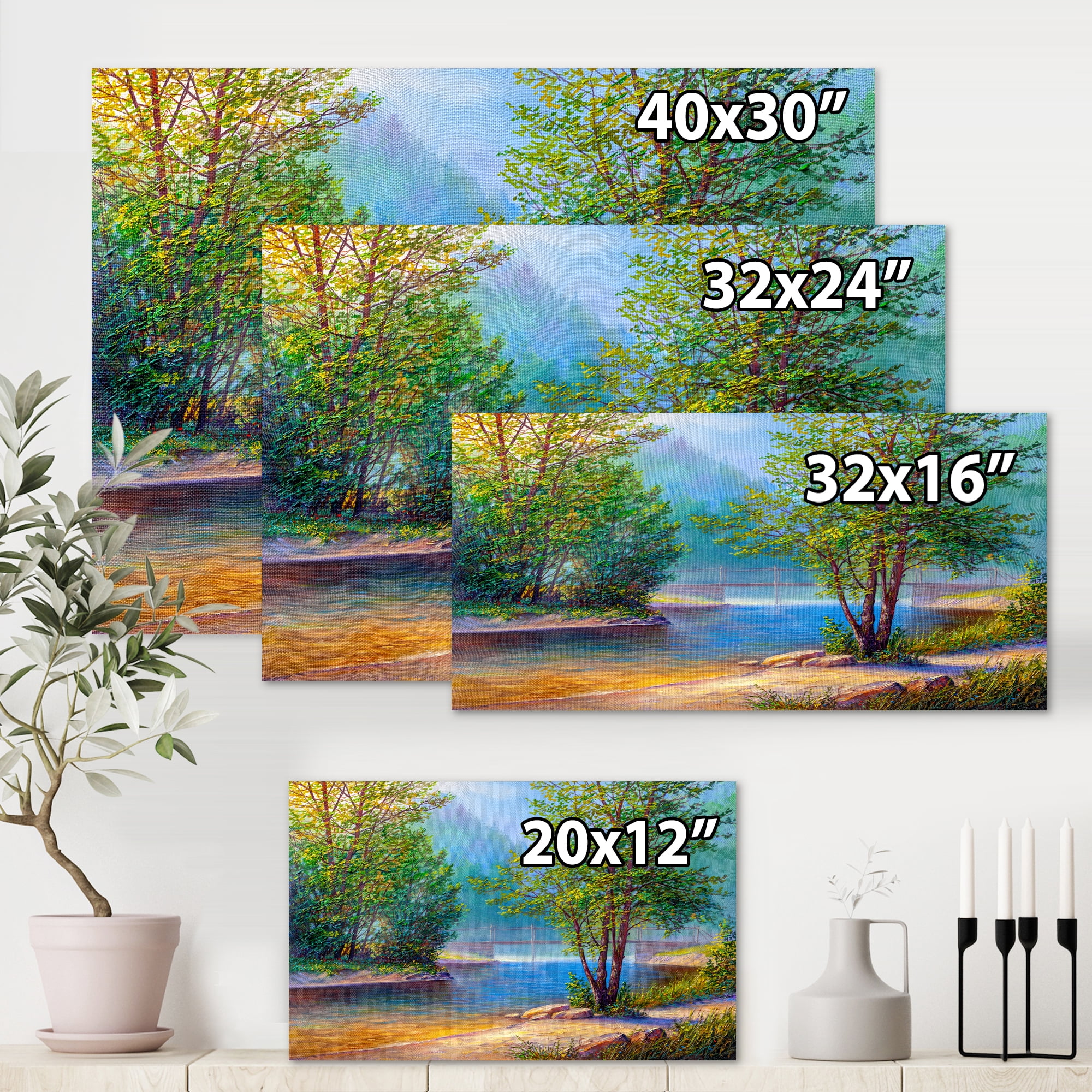 Designart ' Green Trees By The Bridge Over River ' Traditional Canvas Wall Art Print