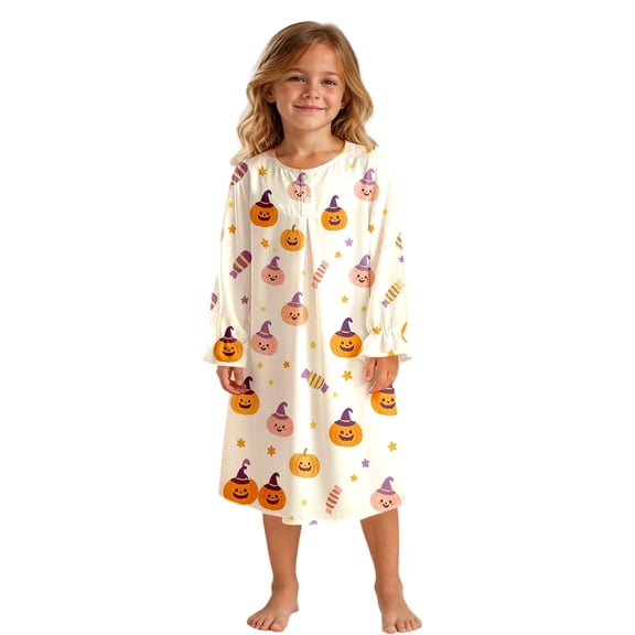 Baby Girl Pajamas Loose Halloween Pumpkin Print Long Sleeve Ruffle Crew Neck Nightgown Pjs for Girls Size 3-4 Y