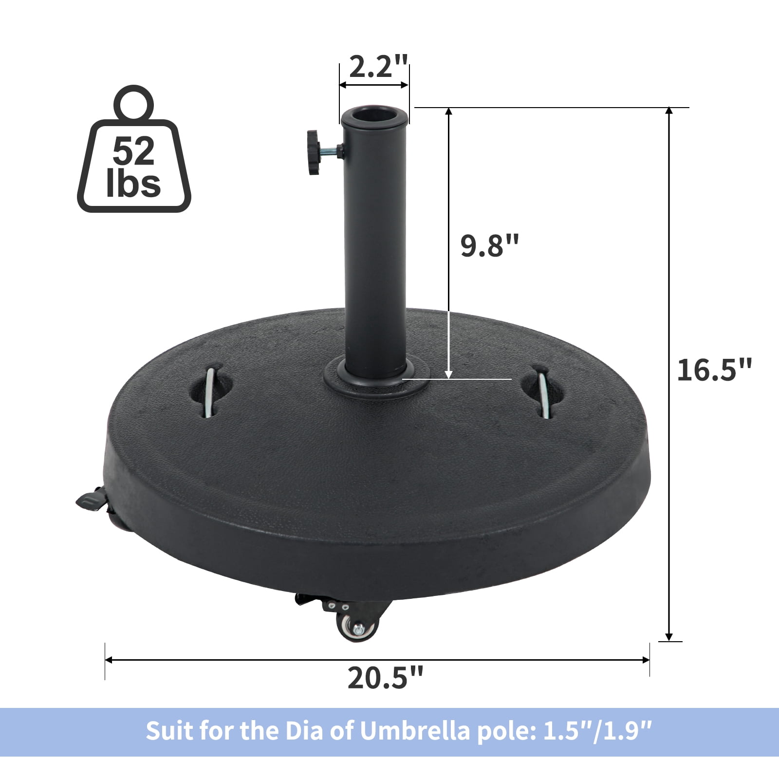 Patio Umbrella Base with Lockable Wheels, 52lbs Heavy-Duty Stand Resin Weights for Outdoor Market Umbrella, Black