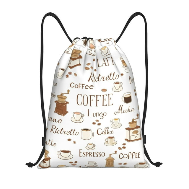 Saiise Coffee Pattern Sports Drawstring Backpack - String Swim Gym Bag with Wet Proof Pocket for Women&Men-Medium