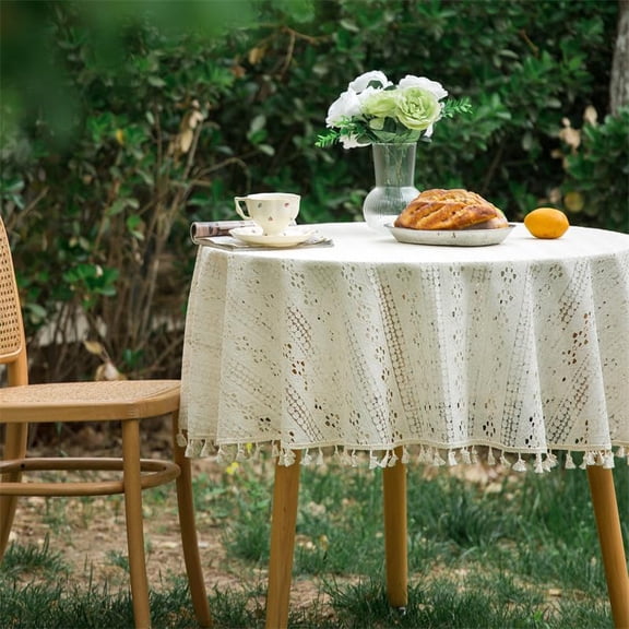 Beige Crochet Round Tablecloth with Tassels Boho Embroidered Lace Tablecloth Farmhouse Floral Design Table Covers for Party Birthday Dinning Table Cloth 120cm Diameter