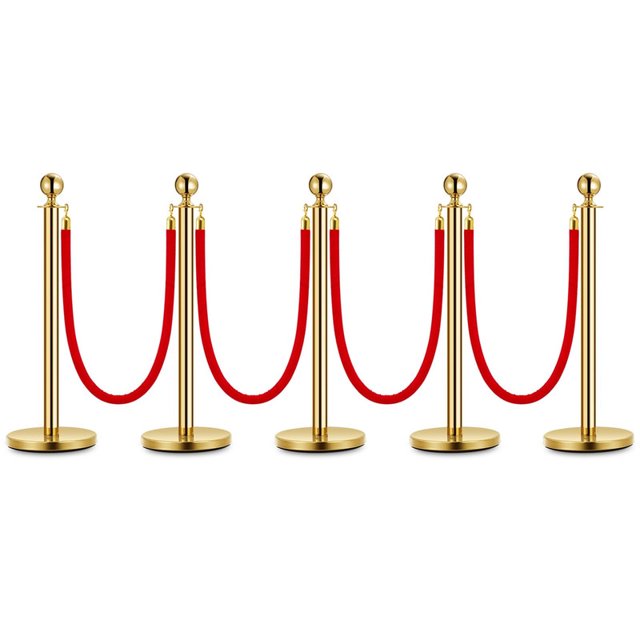 Gold Stanchion Posts with 5 FT Red Velvet Ropes – Elegant Crowd Control Barriers for VIP Events, Red Carpets, Weddings & More