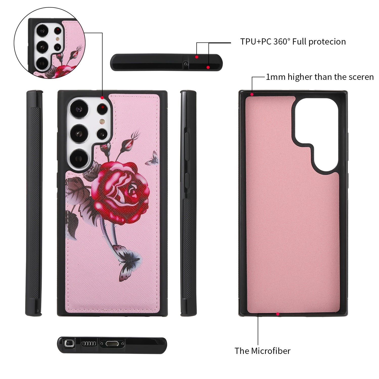 SaniMore Magnetic Detachable Wallet Case for Samsung Galaxy S22 Ultra, Flower Pattern RFID Blocking Cover Support Wireless Charging Card Slot Shoulder & Wrist Strap 360° Full Protective Shell, Pink