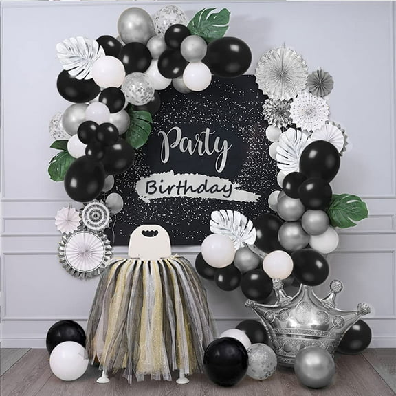 MMTX Black Silver White Balloon Arch Kit Party Decoration, Silver Metallic White Black Silver Confetti Balloons with Silver Palm Leaves for Birthday Party Baby Shower
