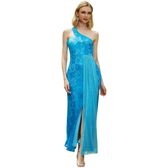 ANGEL FASHIONS Women One Shoulder Lace Split Long Evening Dress Large