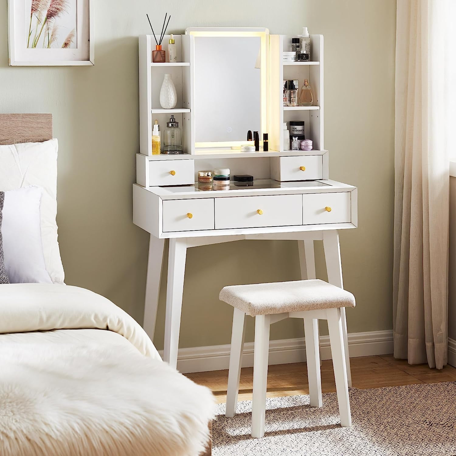 OKD Makeup Vanity Table Set with Lighted Mirror, Makeup Vanity Desk