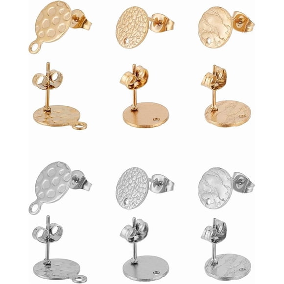 12Pcs 6 Styles Stud Earring Findings Stainless Steel Post Earrings with Loop Hole Textured Flat Round with Spot Lines Earring Stud for DIY Jewellery Making