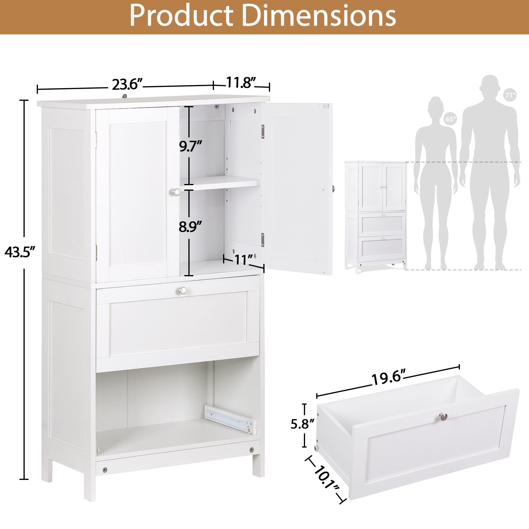 ZENSTYLE Freestanding MDF Bathroom Cabinet with 2 Drawers and Adjustable Shelf Extra Storage Space, White