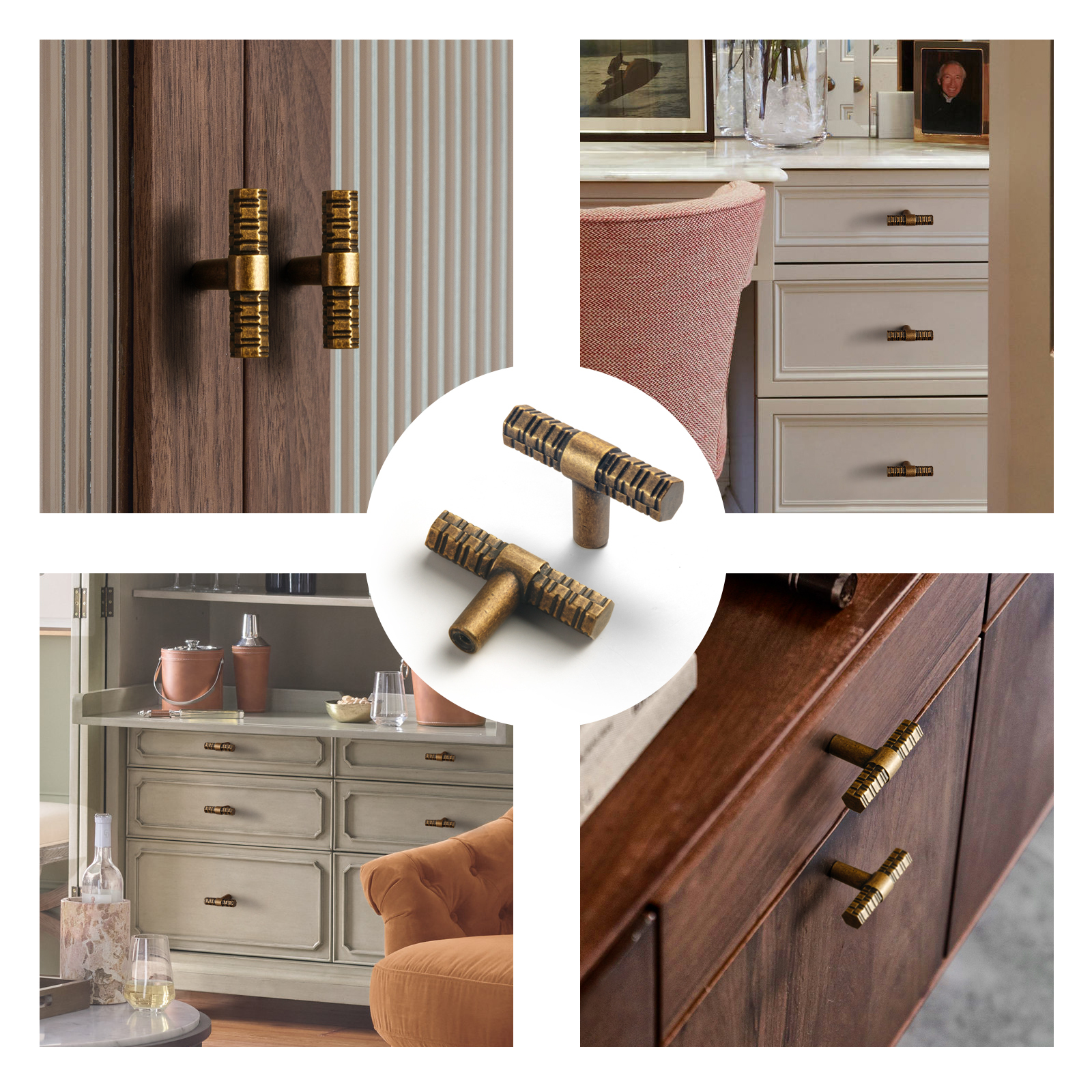 Goo-Ki 12 Pack Antique Brass T Bar Cabinet Drawer Pulls, Luxury Zinc Alloy Cabinet Handles with Knurled for Dresser and Cupboard