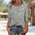 thumbnail image 2 of Womens Plus Size 3/4 Sleeve T-Shirts Glitter Printed Tops Loose Henley Neck Blouses Holiday Party Casual Outfits (L, Gray), 2 of 6