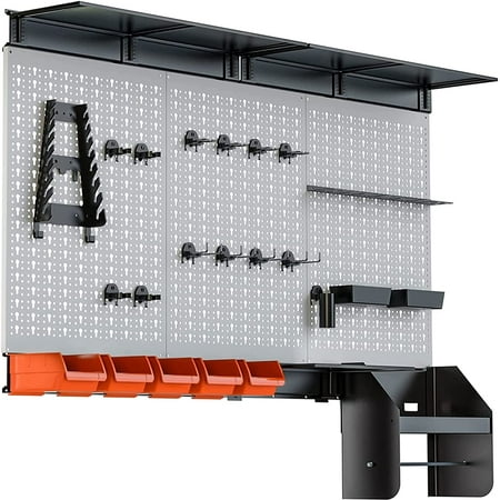 

TORACK Pegboard Wall Organizer 4 ft. Garage Metal Pegboard Organizer Utility Tool Storage Kit with Toolboard Hooks Accessories Wall Mounted Storage Bins Paper Towel Holder Overhead Shelf