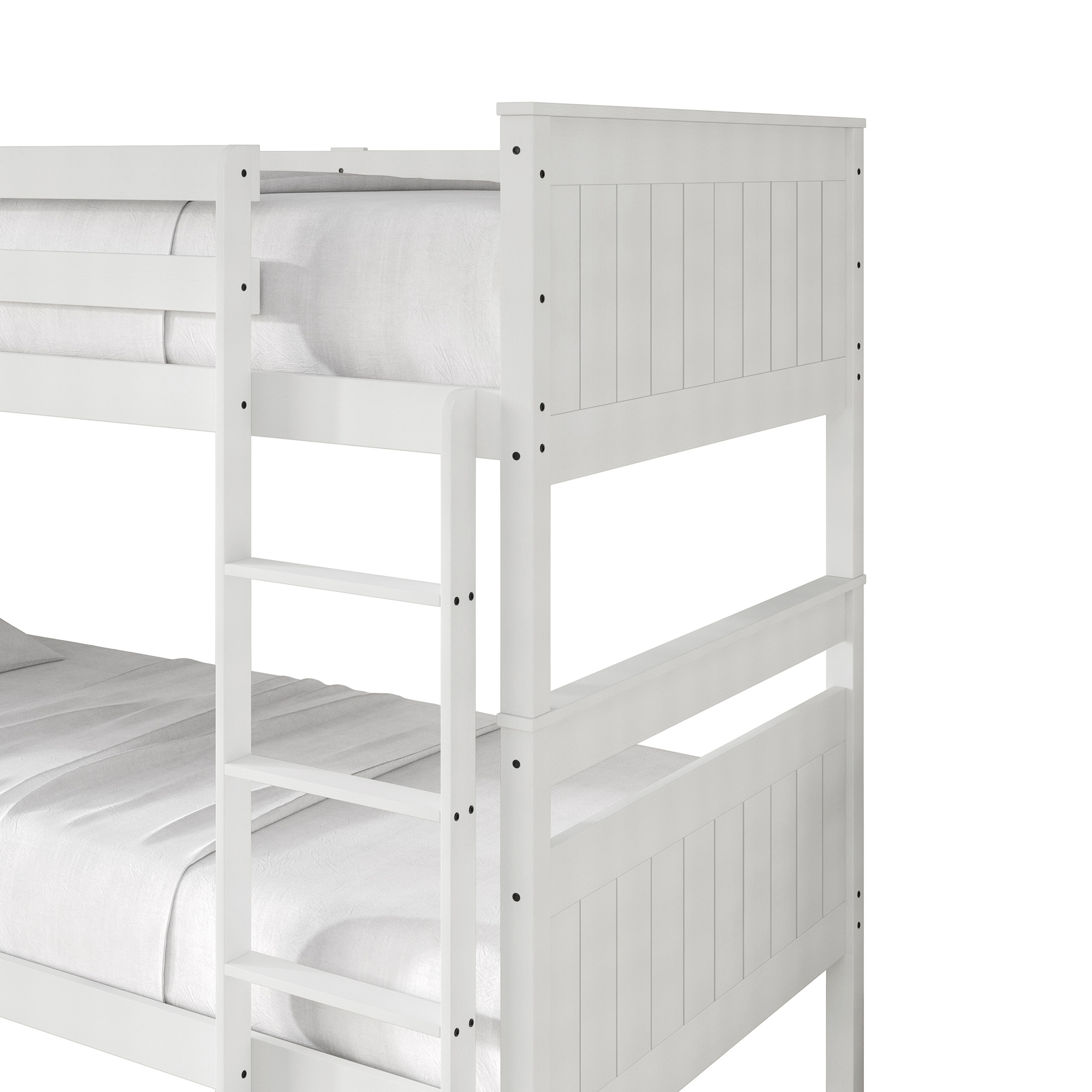 Home Design Lorain Twin Over Twin Solid Wood Bunk Bed with Sturdy Guardrails and Ladder, White, Easy Assembly