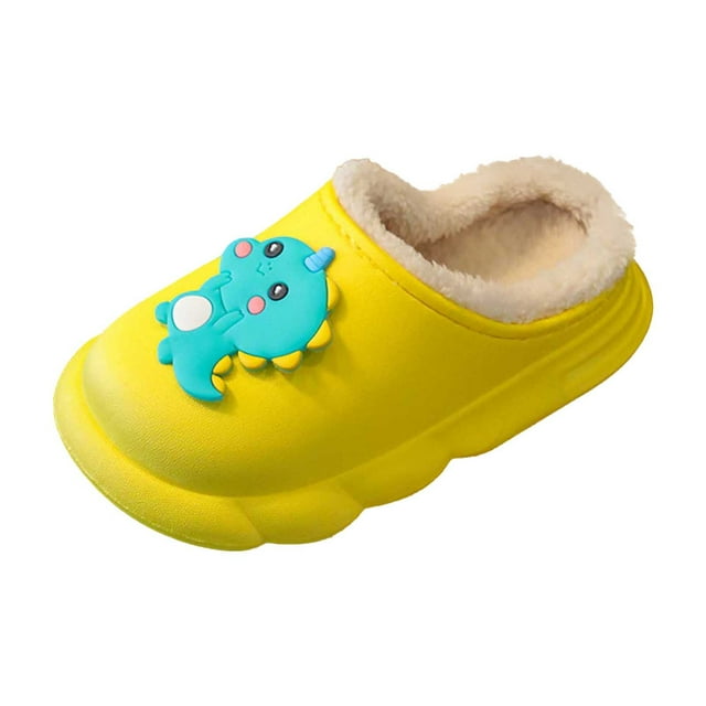 Wdgfv Pantoufle en Peluche pour Filles Chaussures d'Hiver Douillettes pour Filles Semelle Souple Intérieur Extérieur Design de Dessin Animé Sabots pour Tout-Petits Enfants avec Confort Chaud Jaune 10-10,5 Ans