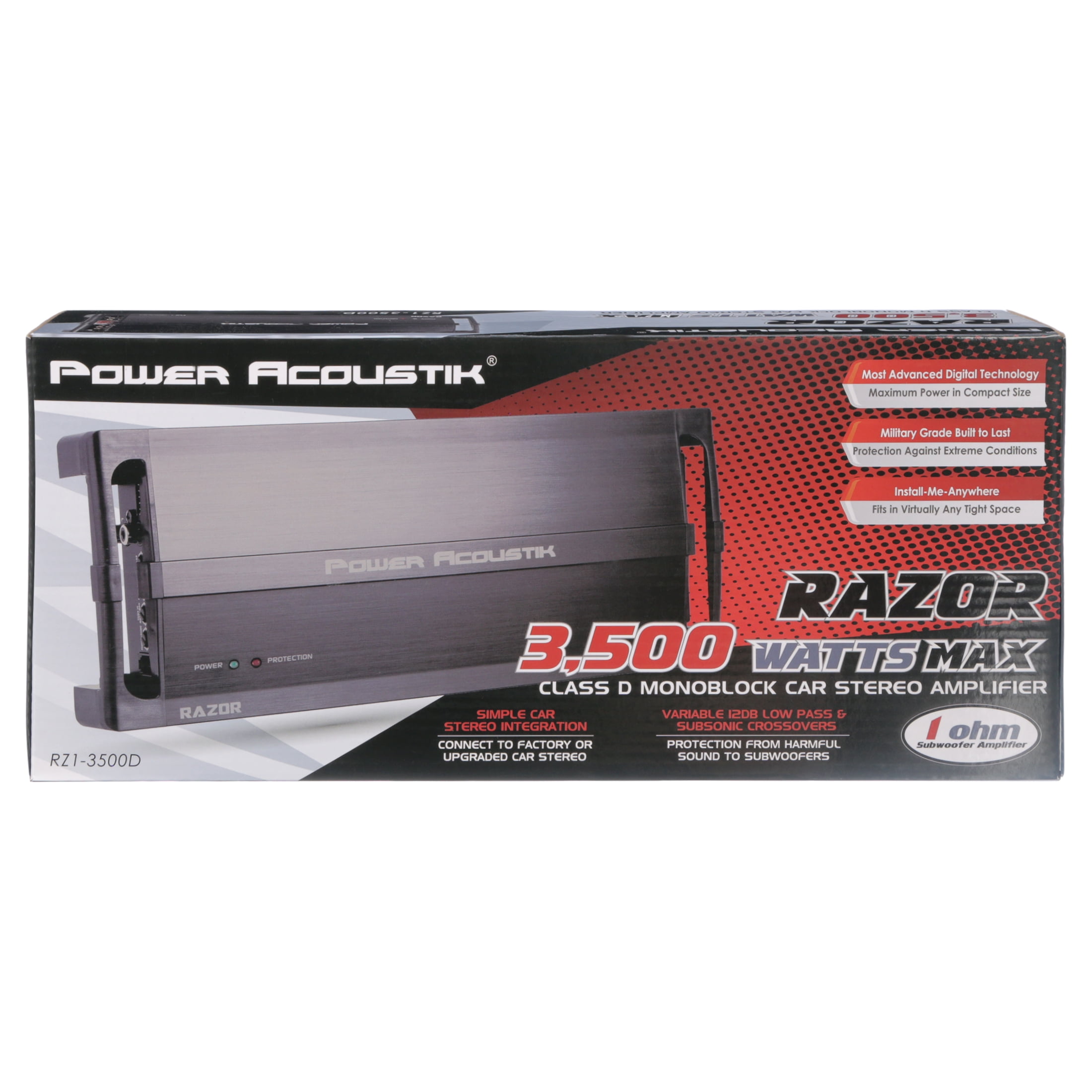 Power Acoustik Razor RZ1-3500D, 3500 W PMPO, 1 Channel, Class D Vehicle Audio Amplifier