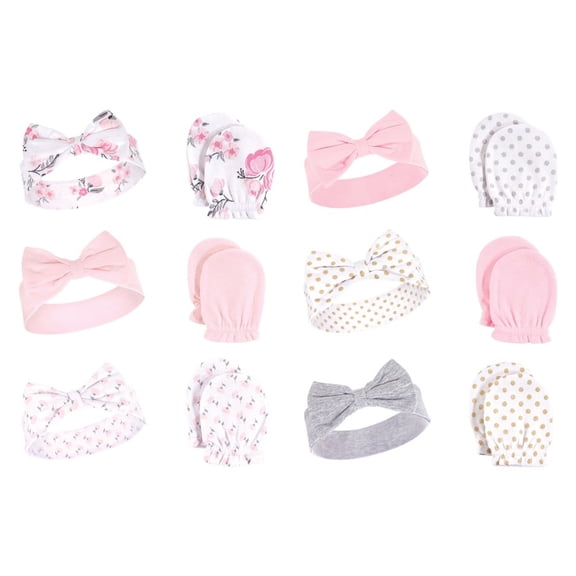 Hudson Baby Infant Girl 12Pc Cotton Headband and Scratch Mitten Set, Pink Floral Dots, 0-6 Months