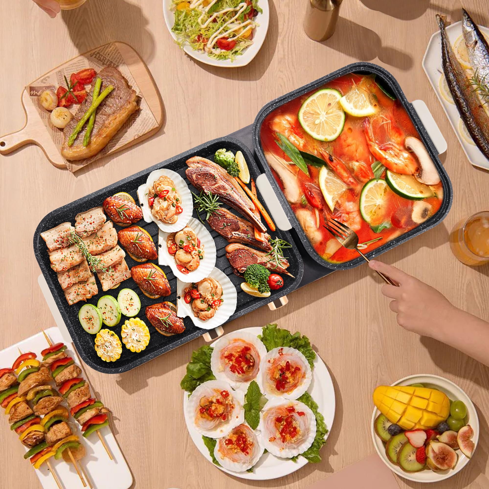 SUSTEAS 2-in-1 Electric Hot Pot with Grill: 1500W Non-Stick Removable Plate, Temperature Control for Indoor Grill for Korean BBQ, Beige