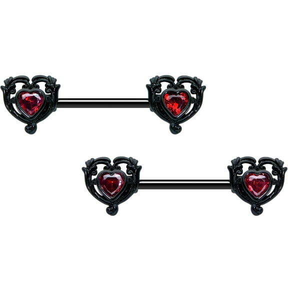 Body Candy 14G Womens Piercing Steel Black 2Pc Passion Heart Mens Nipple Ring Set 9/16