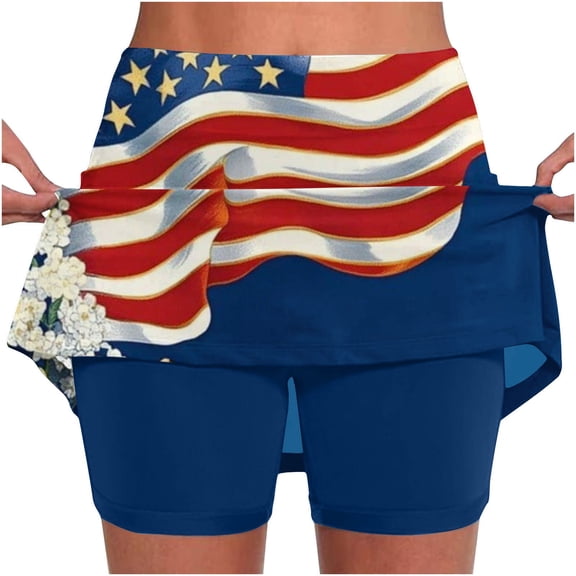 APEXFWDT Women's Plus Size Workout Athletic Skirt with Lining 4th of July Print Yoga Tennis Skirt Casual Bottoms S-5XL