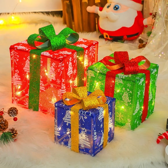 Dmlowu Christmas Decorations Glows Gift Box - Christmas Lights Gift Boxes Set of 3, Light Up Gift Boxes with Lids for Presents Holiday Party Christmas Tree Decorations