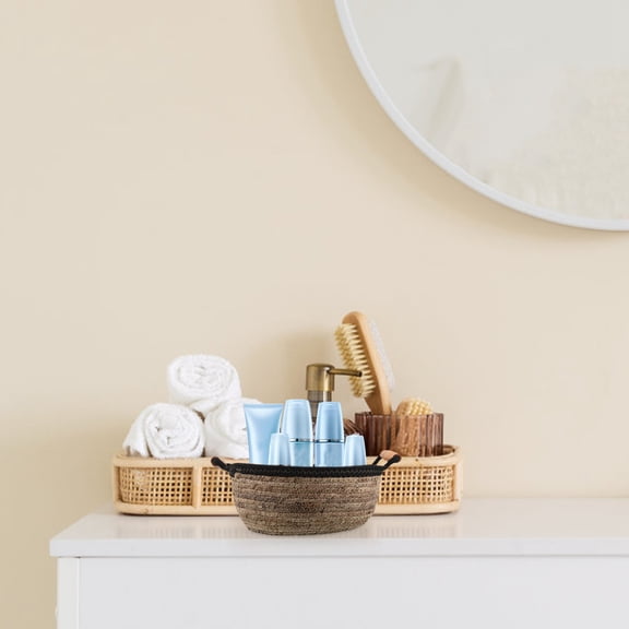 Masteelf Small Round Storage Basket with Handles, Natural Wicker Organizer for Bathroom, Kitchen, Living Room Shelves, Decorative Straw Bin