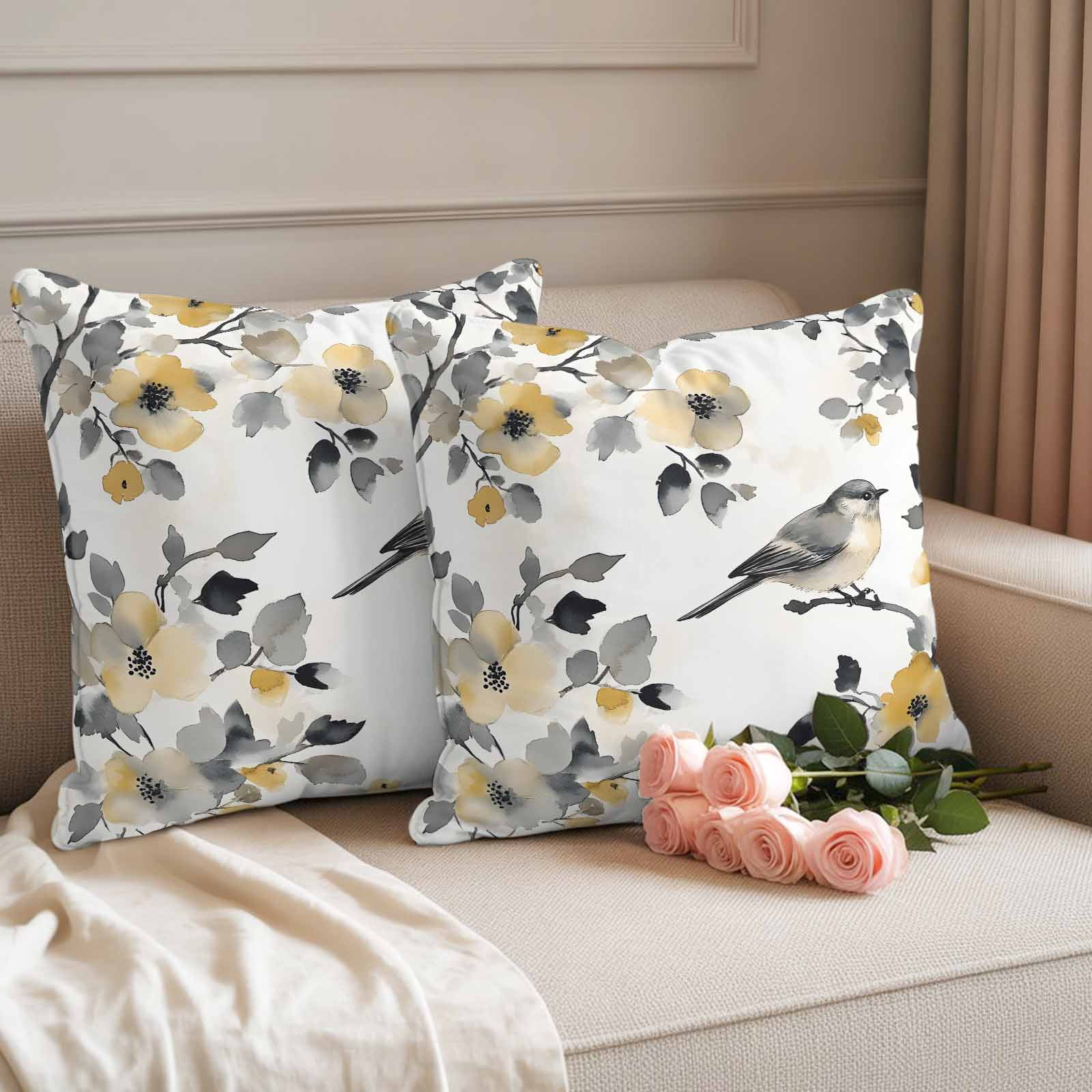 Pastoral Flower Pillow Covers 2 Pack Gray Leaf Yellow Flowers Bird Farmhouse Pillowcase Waterproof Outdoor Throw Pillow Cover for Patio Garden Square Cushion 18”x18”