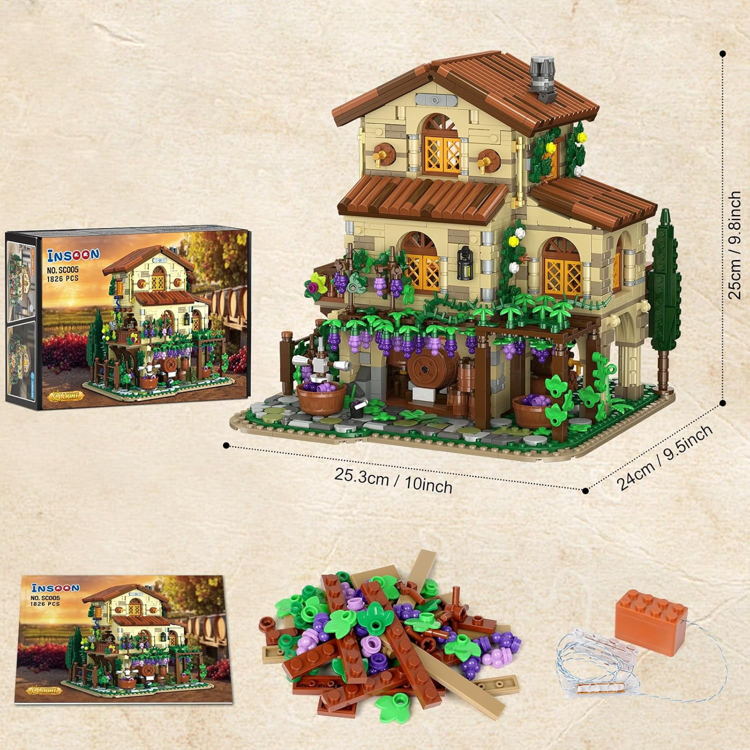 INSOON Building Block House Set with LED Lights, 1826 PCS Vineyard Winery Castle Model Kit, European Style Architecture Building Set Toy for Adults & Teens