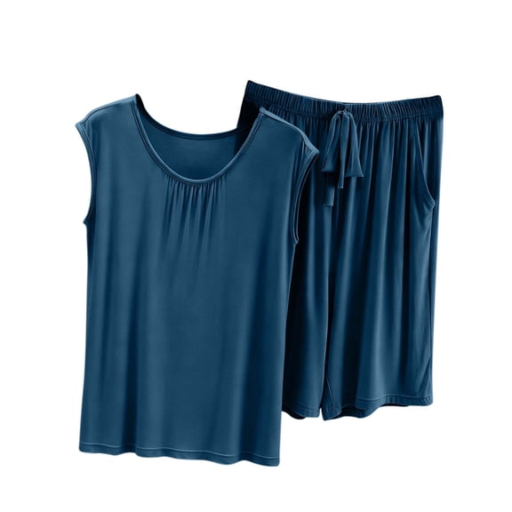 APEXFWDT Women's Modal Pajama Set Crew Neck Sleeveless Tank with Shorts Loose Casual Summer Loungewear Sleepwear,Navy